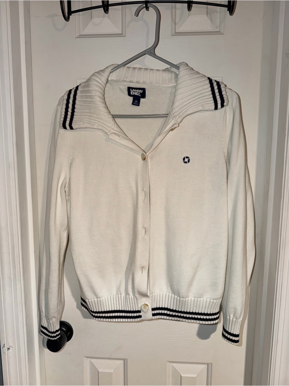 Lands' End Cream Button-Up Sweater with Navy Trim
